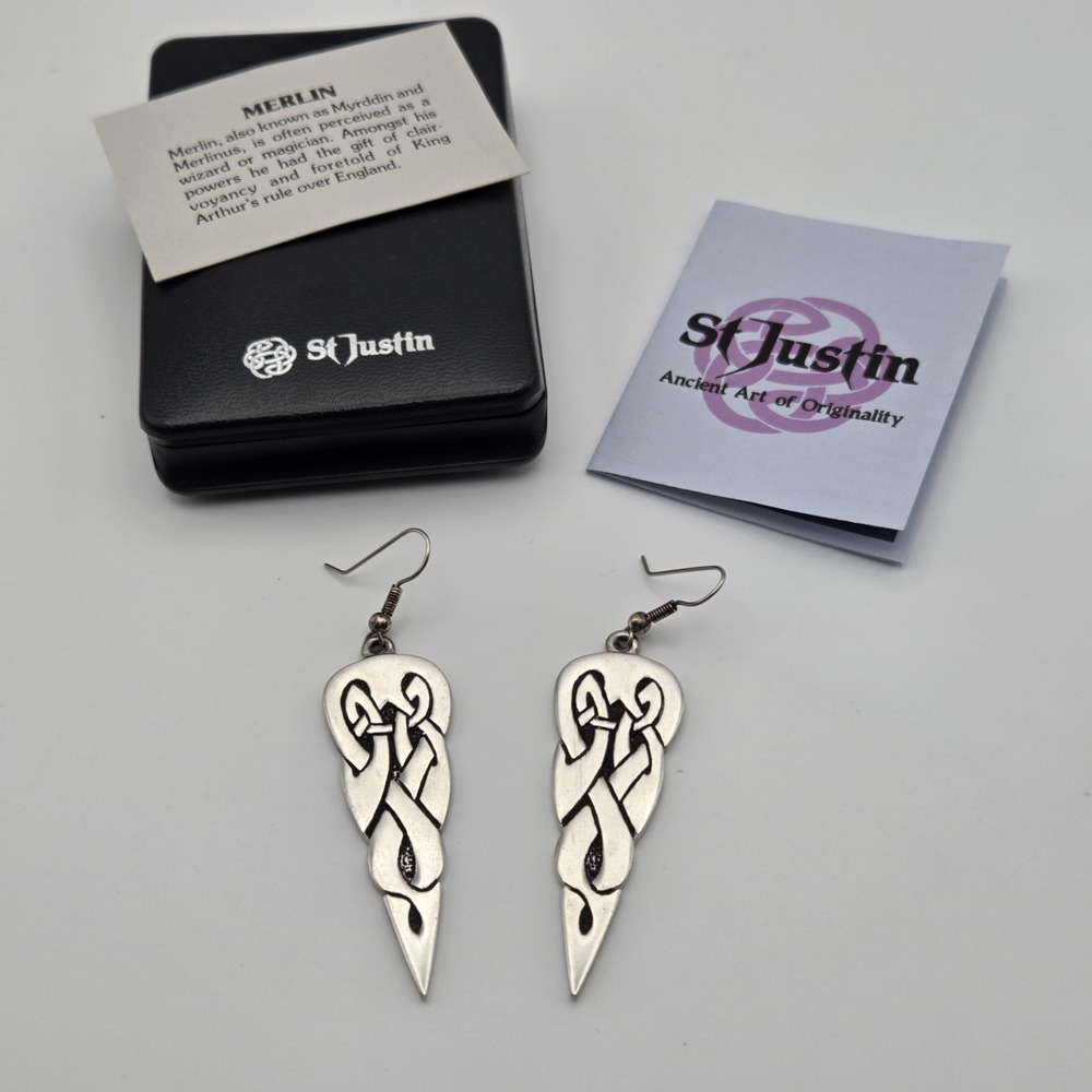 Vintage 90's St. Justin Pewter Merlin Celtic Drop Earrings Made In England